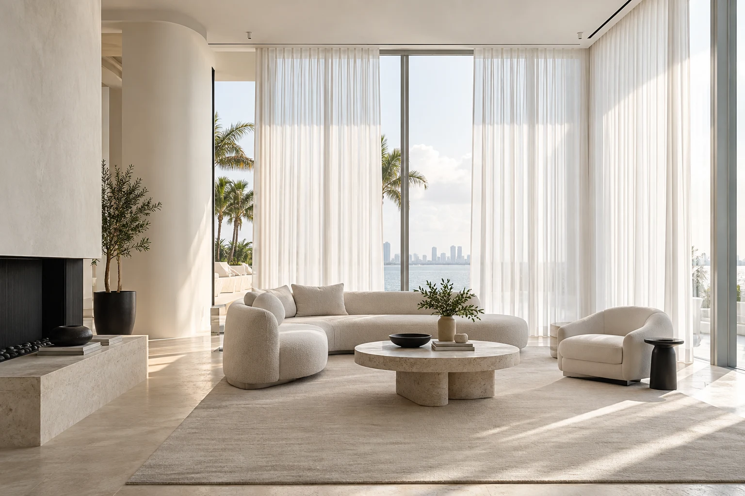 Floor-to-ceiling window treatments in a light-filled interior